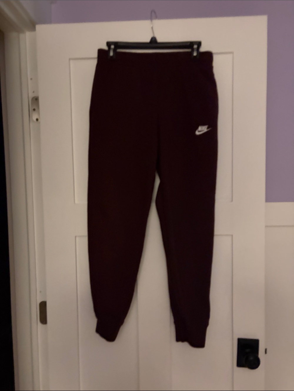 Nike Mens Burgundy Jogger Sweatpants with White Swoosh